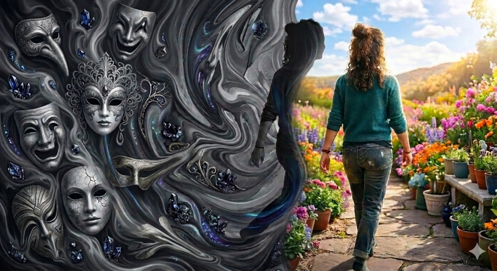 A split-screen photo representing unmasking autism. The left side shows a dark, swirling grey background filled with distorted theatre masks. A woman's silhouette steps out of the darkness into a larger, bright outdoor garden on the right. Seen from behind, she walks down a sunny path filled with colorful flowers.